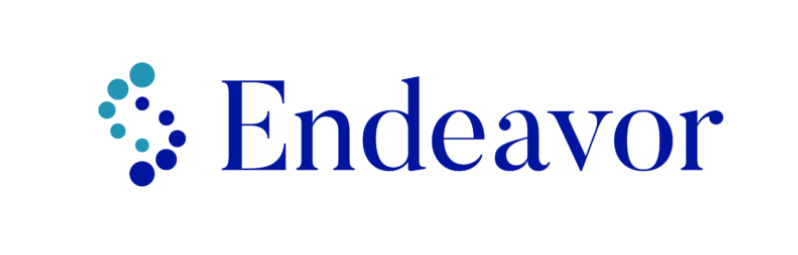 A strand of DNA formed by greenish blue and dark blue dots with the word "Endeavor" in dark blue to its right