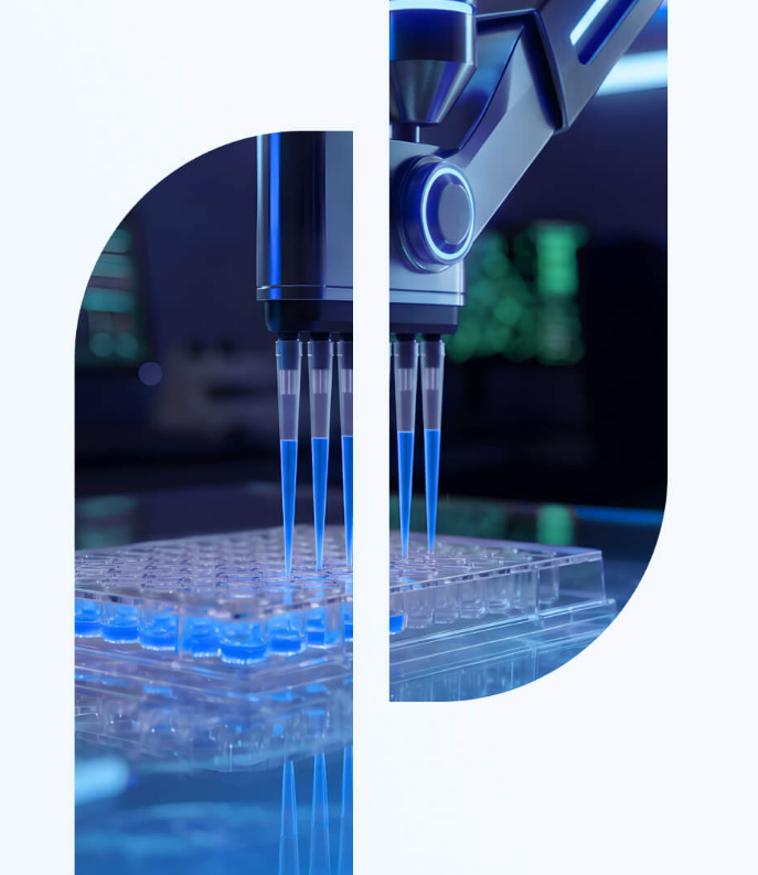 Robotic arm dropping a blue liquid into test tubes