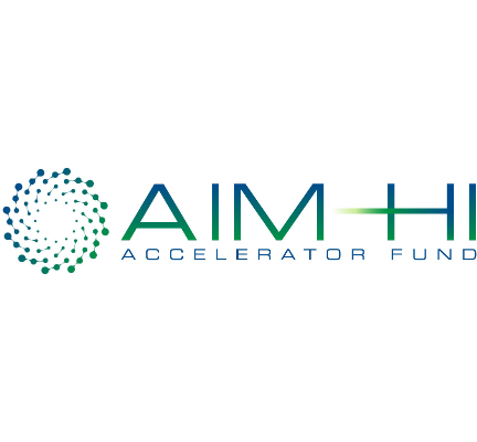 Logo with white background and words AIM HI Accelerator Fund in blue and green