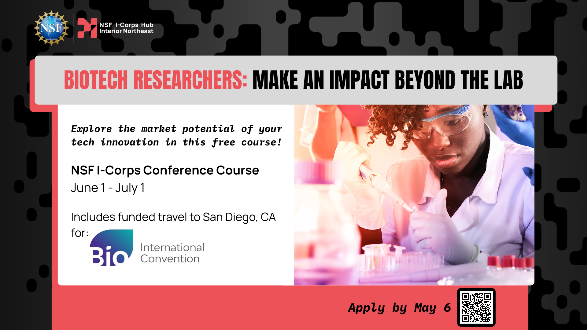 African-American woman with curly hair wearing a white coat and goggles putting something into a test tube