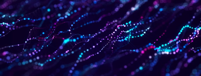 Abstract digital artwork that represents neural networks in blue and pink against a dark purple background