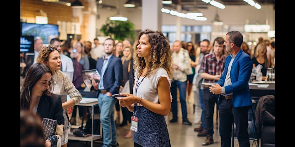 A group of people standing in a room and listening to a talk. 