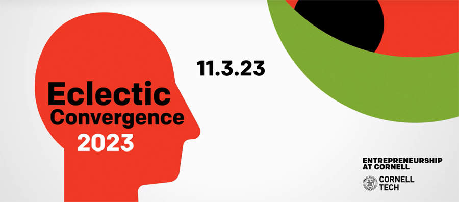 Event title inside a silhouette of human head in Cornell red color. At the upper right corner, a big green eye with red and black eyeball.