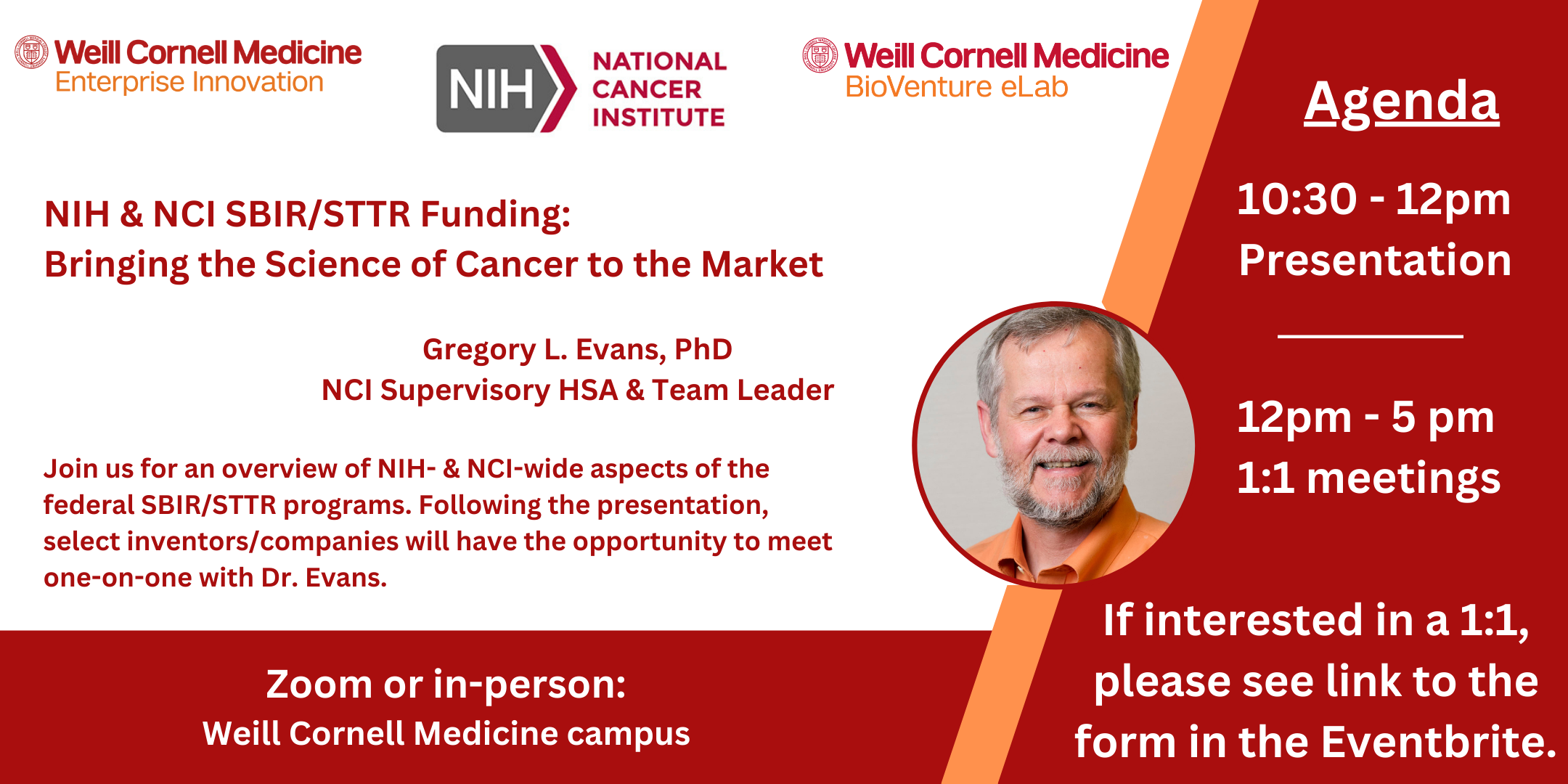 Event banner with details and Dr. Greg Evans' headshot again Cornell red background