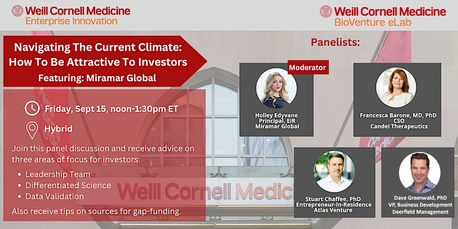 Event banner with details and the headshots of four panelists again a background of Weill Cornell campus