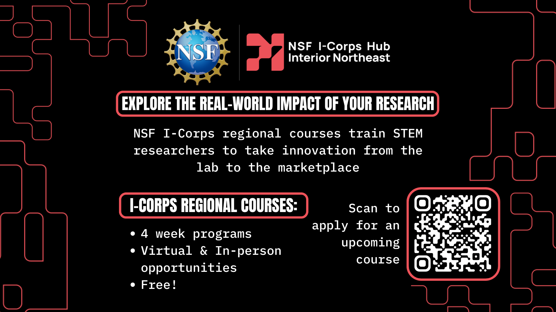 Course info, QR code and NSF logo (blue globe) against a black background