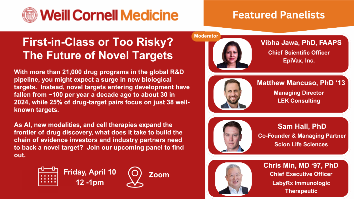 Headshots of four panelists: three men and a woman all in suits