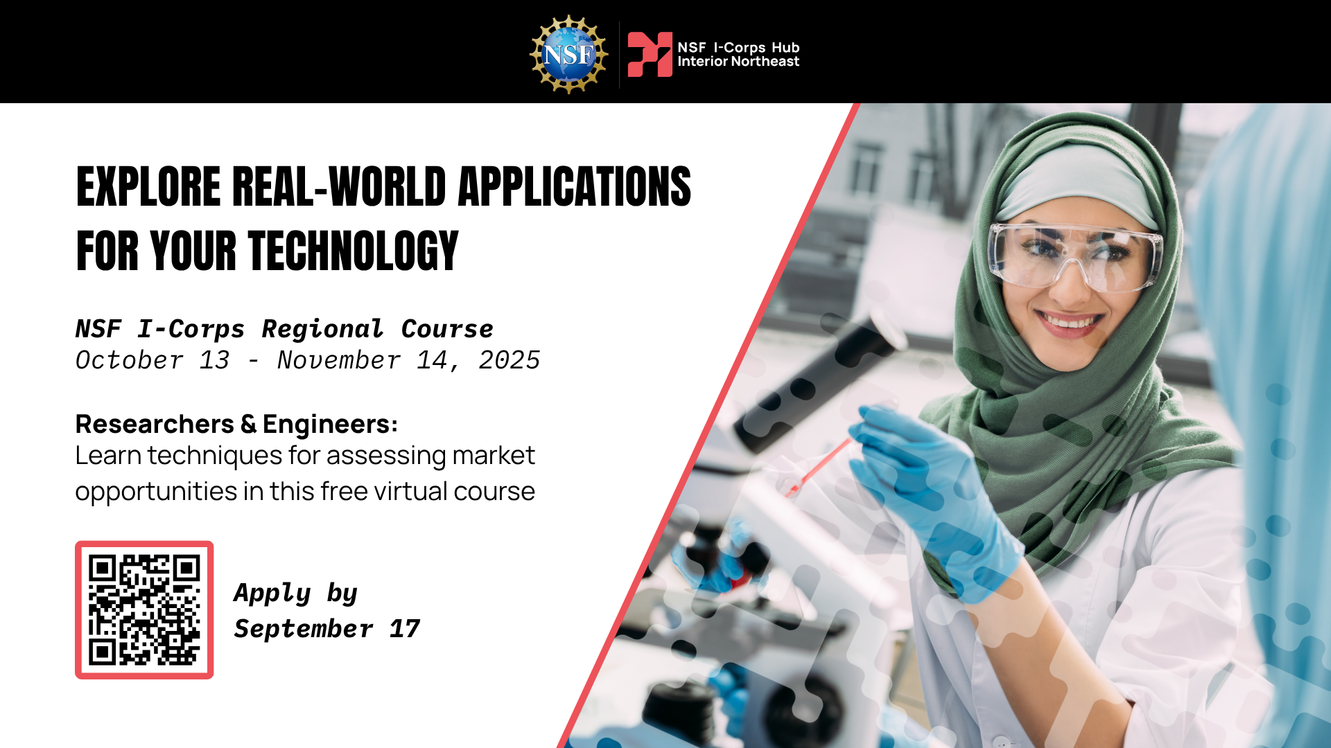 Young Muslim woman wearing a green head scarf, goggles and a white coat talking to someone in a lab.