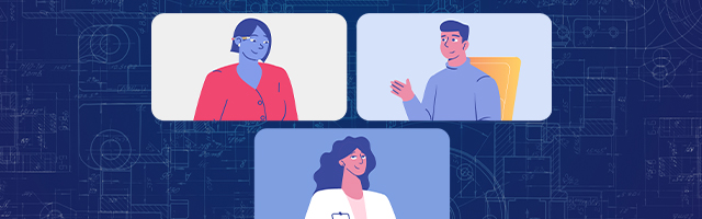 Illustration of two women and one men having a Zoom meeting against a dark blue background