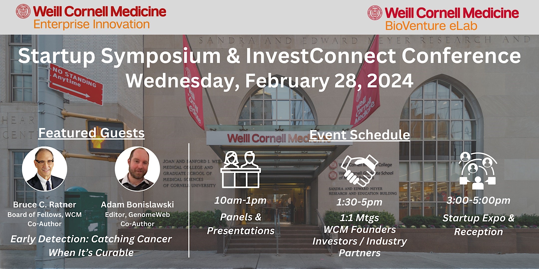 Event details and speaker headshots against a background of Weill Cornell campus
