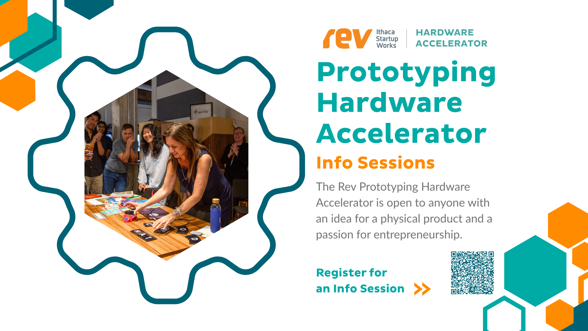 A group of students laughing and looking at a Caucasian woman with long hair moving some parts at a table