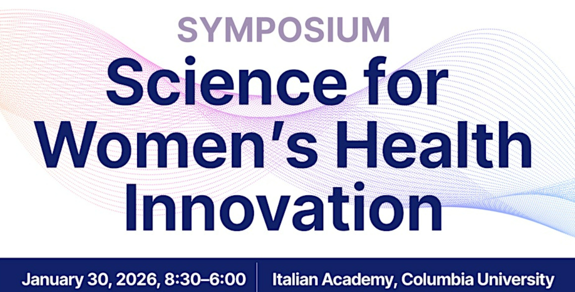 The symposium title "Science for Women's Health Innovation" against a white background with light purple and blue dotted waves
