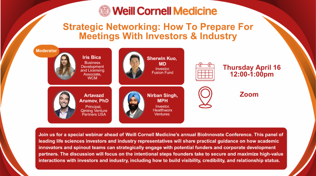 Headshots of panel host (a young Caucasian woman) and three male panelists in suits