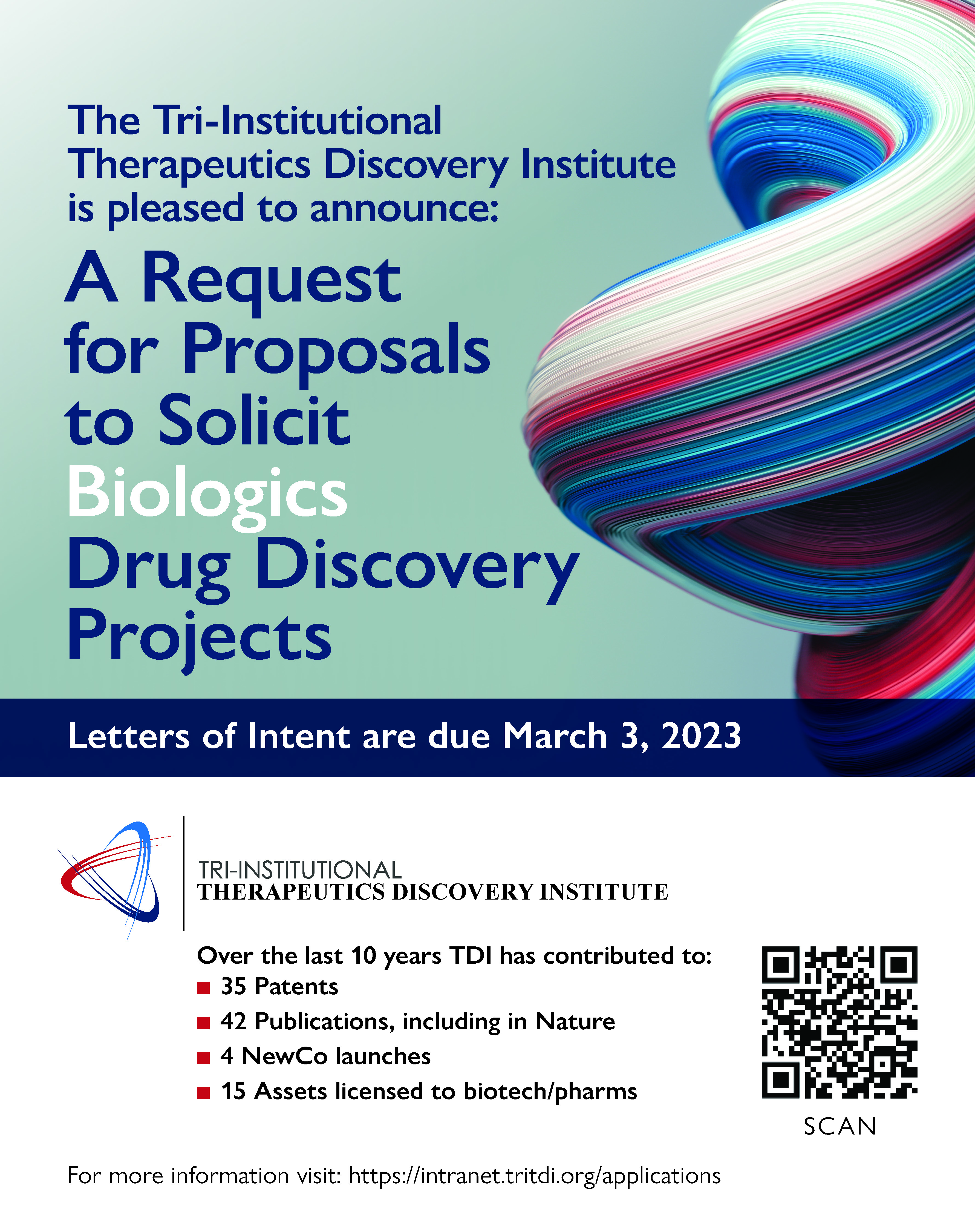 Biologics drug discovery request for proposal flyer with TDI logo, deadline and application QR code