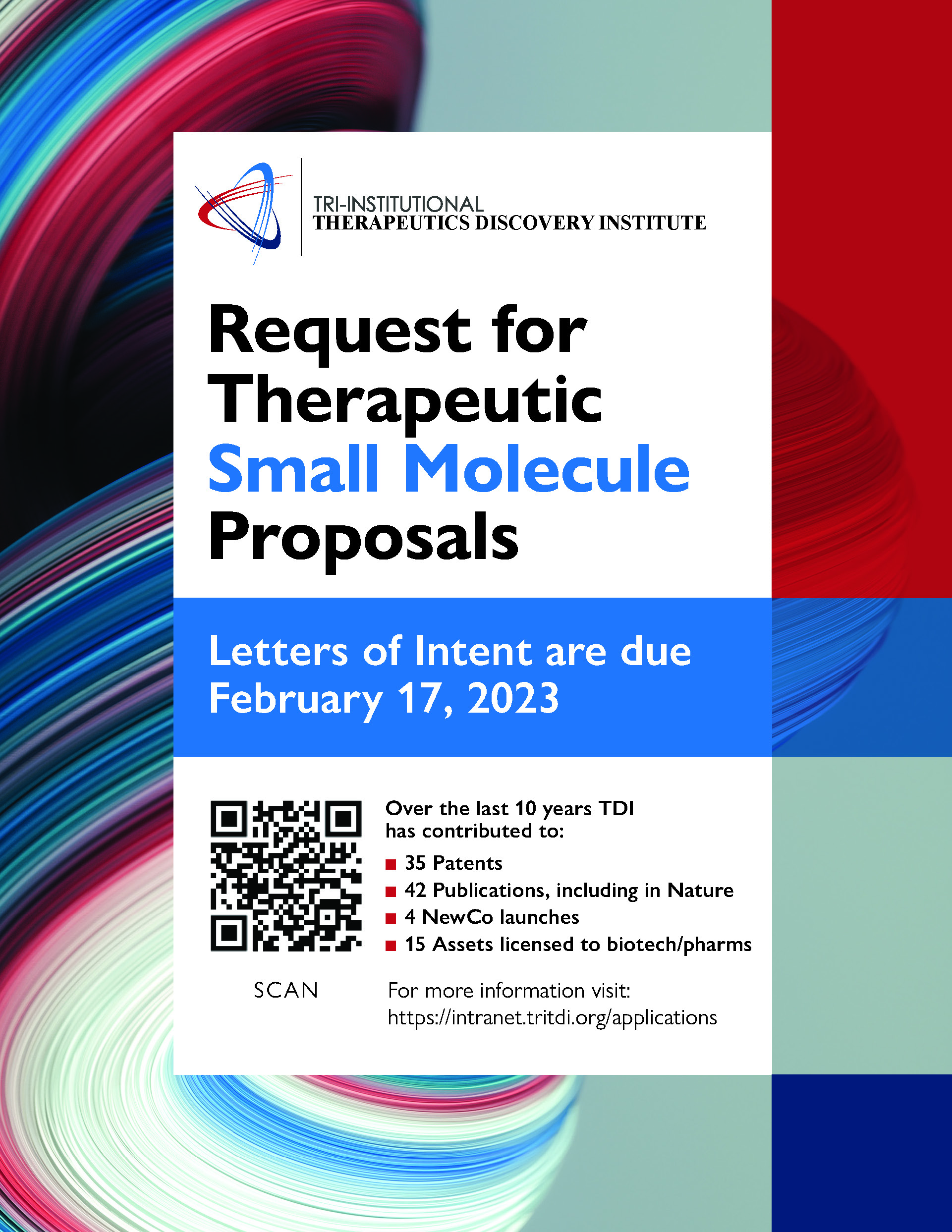 Small molecule request for proposal flyer with TDI logo, deadline and application QR code