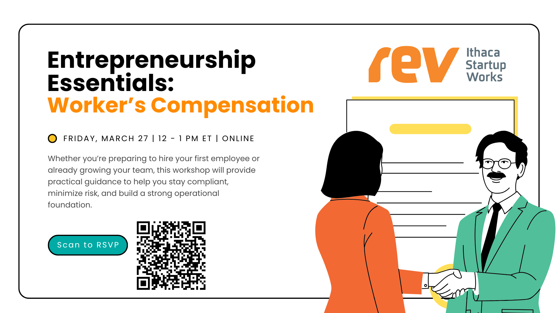 Illustration of a man in a green suit shaking hands with a woman in an orange suit