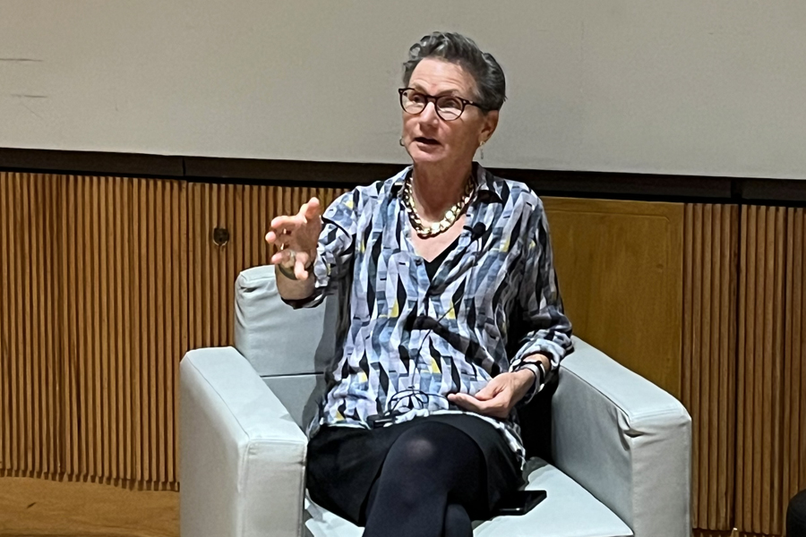 A Caucasian woman in her 60s sitting on a chair and talking 