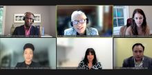 six people (two men and four women) having a conversation via Zoom meeting