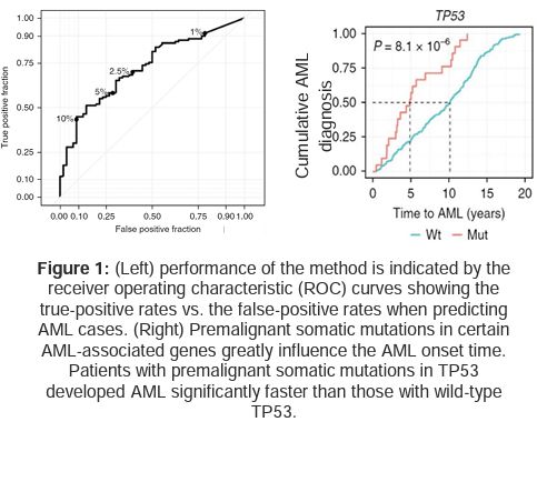 Data chart showing the performance of the method is indicated by the receiver operating characteristic (ROC) curves showing the true-positive rates vs. the false-positive rates when predicting AML cases.