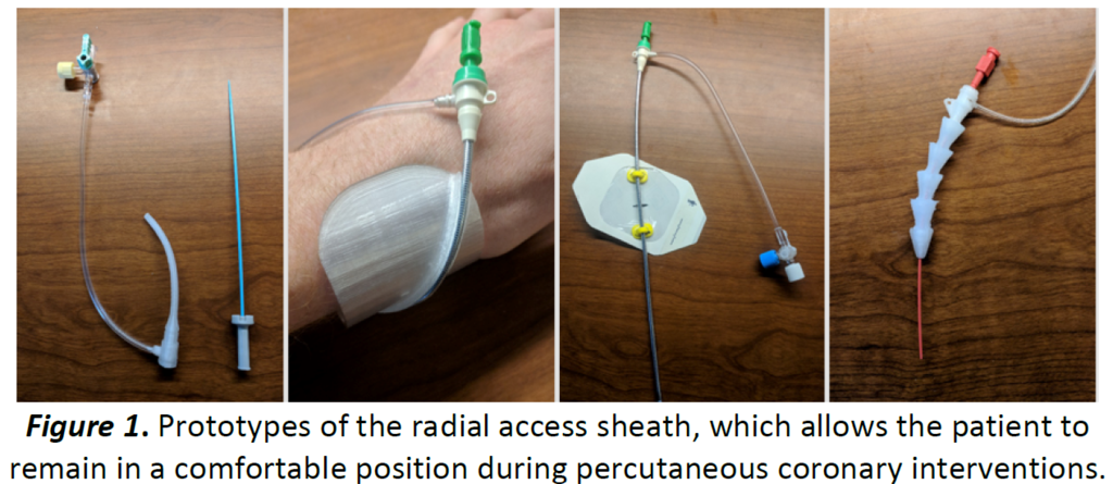 Image of prototypes of the radial access sheath, which allows the patient to remain in a comfortable position during percutaneous coronary interventions.
