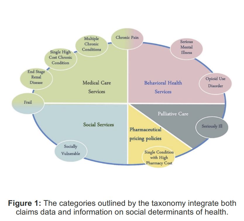 Figure: the categories outlined by the taxonomy integrate both claims data and information on social determinants of health.