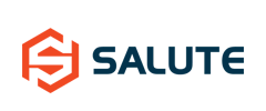 Salute logo with the word in dark blue and to its left is an orange hexagon with the white letter "s" inside