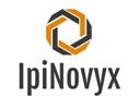 Logo with the word "IpiNovyx" in dark gray against white background. On top of the word is a circular shape formed by orange and dark gray lines.