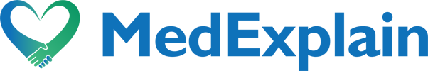 Company logo with the word "MedExplain" in blue. To the left, there is a heart shape formed by two holding hands - one in blue and one in green.
