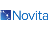 Logo with the word "Novita" in blue. To the left, there is a blue square with an arc formed by white dots.