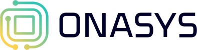 Onasys logo with the word in all caps and black. To the left, there is a light green and yellow image of a computer chip with dots at the end.