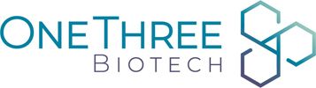 Company logo with the words in all caps. "OneThree" is one word and in blueish green. To the right, three hexagons in the same colors form a clover shape.