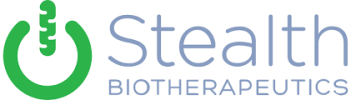 Stealth BioTherapeutics logo with the words in bluish gray and to the left, there is a green "power button" with the image of mitochondrial replacing the straight line.
