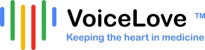 VoiceLove logo with the words in black. To the left of the words, there is a heart shape formed by colorful straight lines.